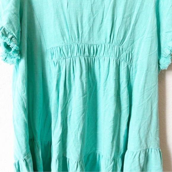 Umgee Green Babydoll Linen Cotton Ruffle Tunic Blouse Top Frayed Hem Sz M - Picture 4 of 12